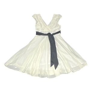 Eucalyptus Women’s Ivory Dress W Charcoal Blue Tie Retro Dainty Feminine Elegant